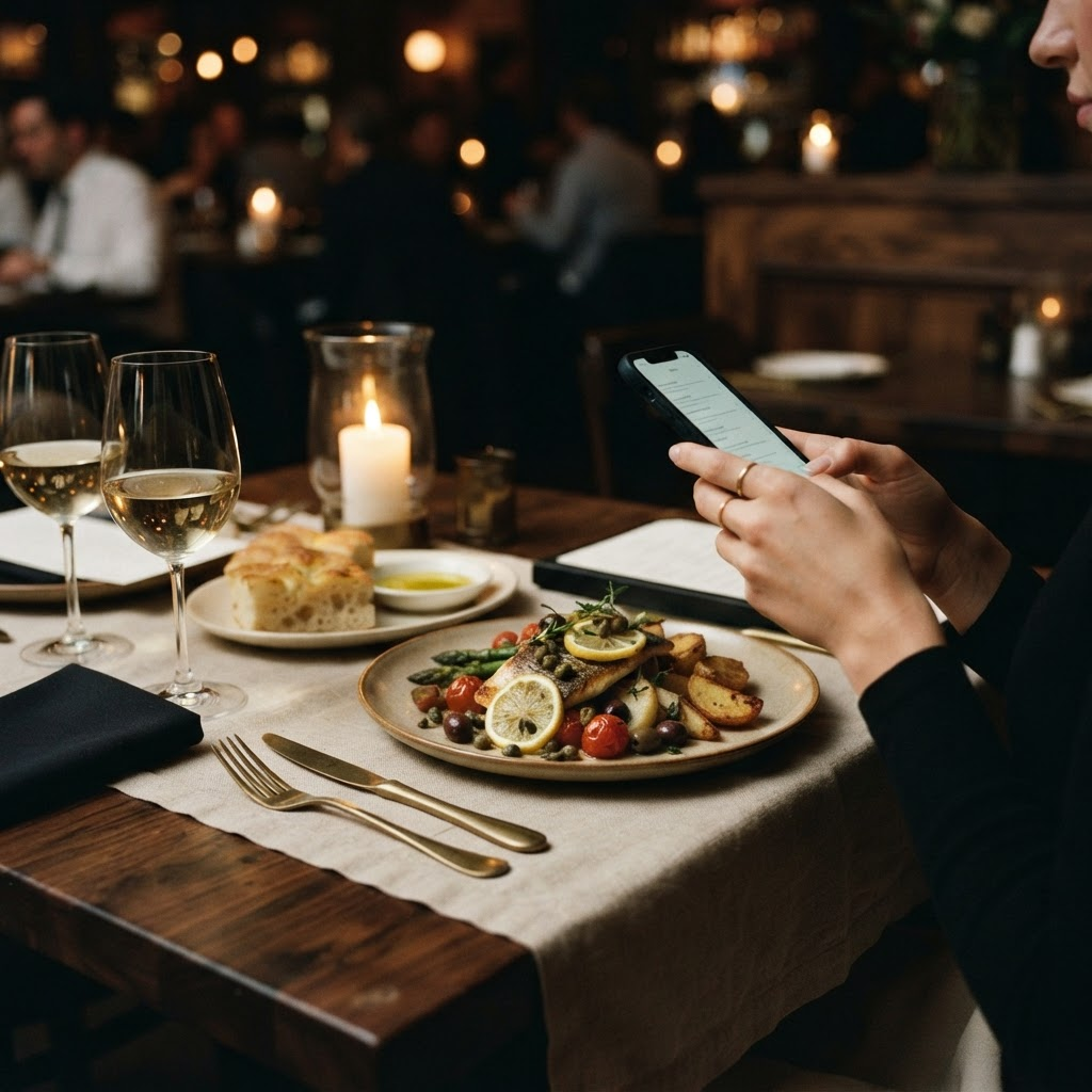 Mesa de restaurante con luz cálida donde un comensal consulta la carta digital desde su móvil